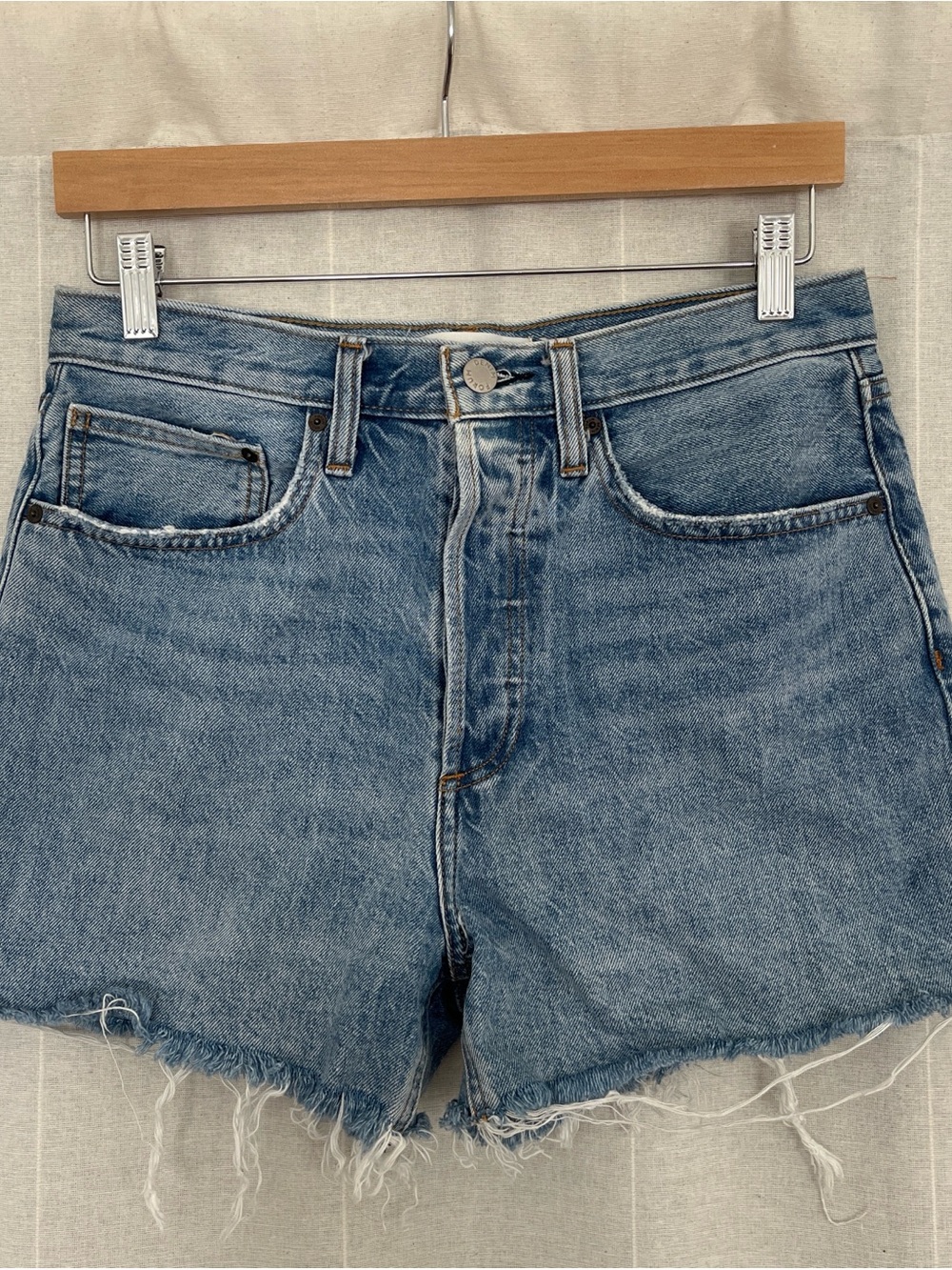 Aritzia Blue Denim High-Rise Frayed Hem Women's Shorts